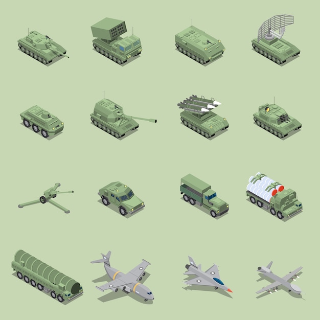 Free vector military vehicles isometric set with tank cannon  rocket launcher jet fighter self propelled howitzer isolated icons