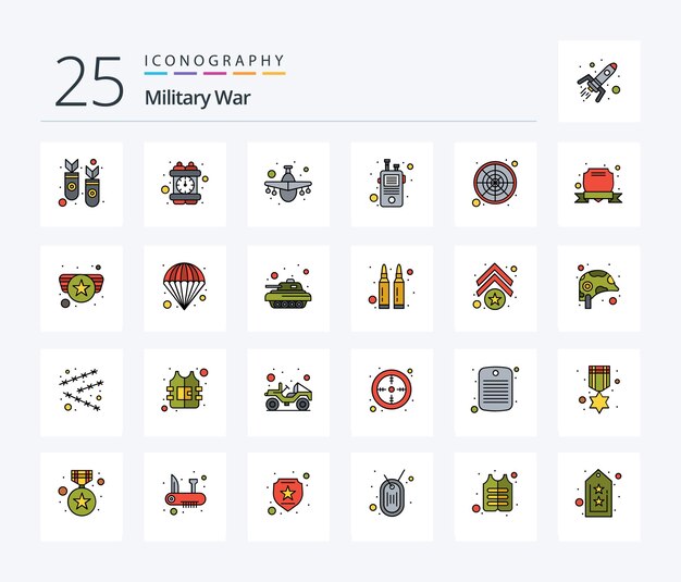 Free vector military war 25 line filled icon pack including radar walkie aircraft talkie communication