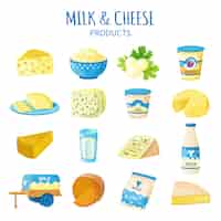 Бесплатное векторное изображение Набор иконок молока и сыра