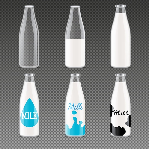 Free vector milk bottles packages realistic transparent set with drink symbols isolated vector illustration