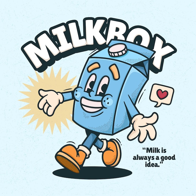 Milk Box Cute Trendy Retro Cartoon Vector Hand Drawn