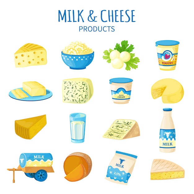 Free vector milk and cheese icons set