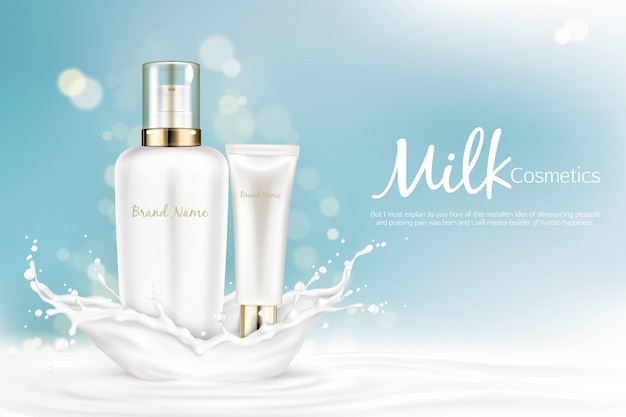 Milk cosmetics bottles mockup with space for name brand stand at milky splash 
