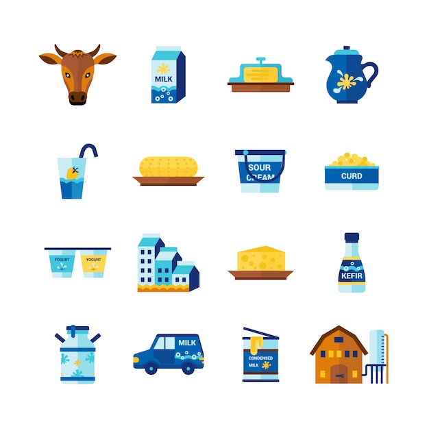 Бесплатное векторное изображение Набор плоских иконок молочные продукты молока