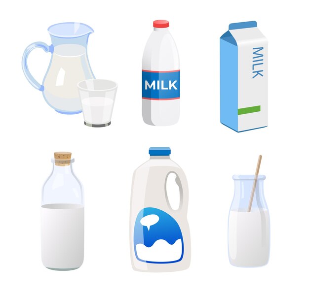 異なる容器のミルクベクトルイラストセット。カートン、ボトル、ガラス、カップ、白い背景で隔離のさまざまなパッケージの新鮮な牛のミルク。食品、乳製品のコンセプト