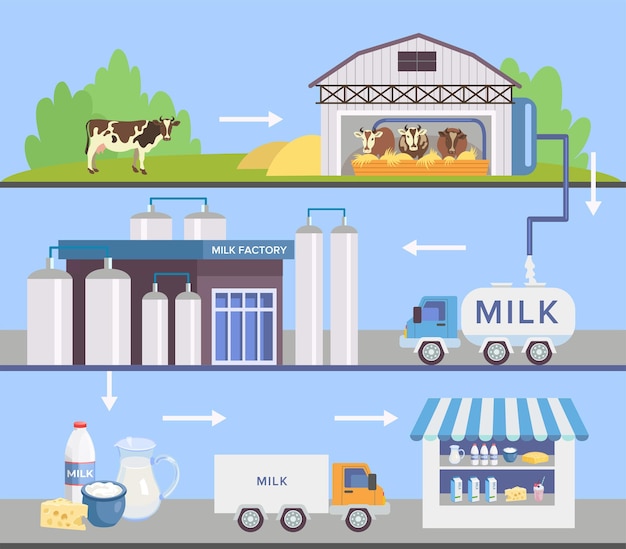 Milk factory set with automatic machines. Milk production stages set.