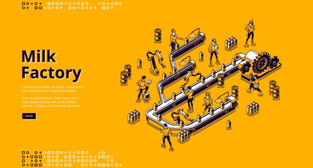 Milk factory with conveyor belt, people, dairy product and automated machinery. Vector landing page with isometric illustration of workshop production line on milk plant banner