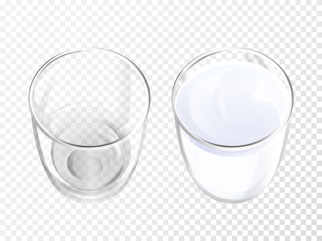 Milk glass 3D иллюстрации реалистичной посуды для молочного напитка или вид сверху йогурта.