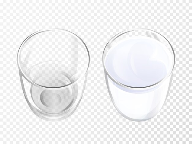 ミルクガラス乳製品のドリンクやヨーグルトのトップビューの現実的な食器の3Dイラスト。