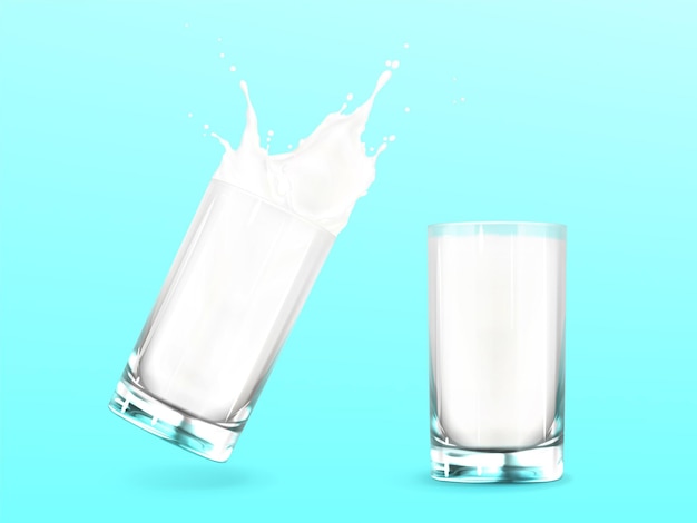 Free vector milk in glass with splash white dairy drink on turquoise