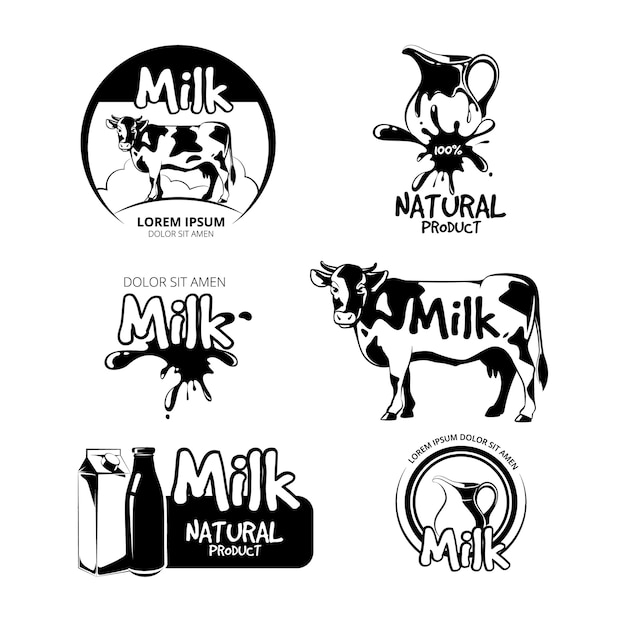 牛乳のロゴとエンブレムのベクトルセット。ラベル製品、農場の乳製品、牛、新鮮な天然飲料のイラスト Premiumベクター