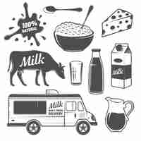 Free vector milk monochrome elements set