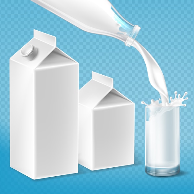 Free vector milk packaging set, swirling in the glass from bottle. mock up of farm product