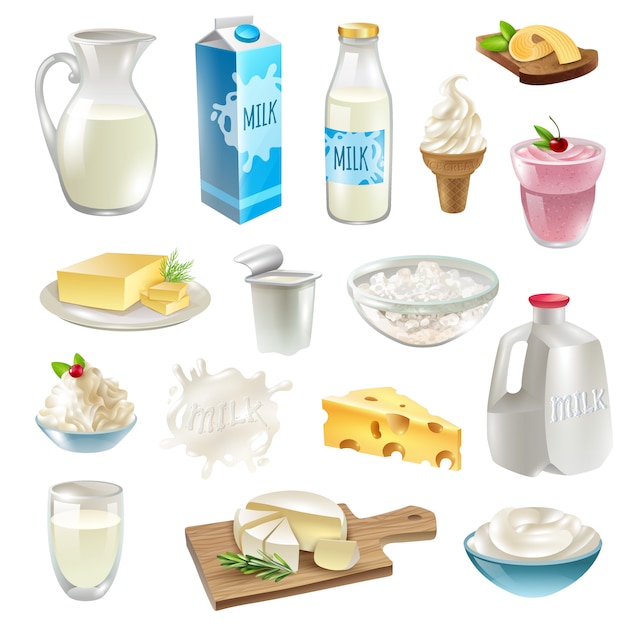 Vettore gratuito set di icone prodotti lattiero-caseari