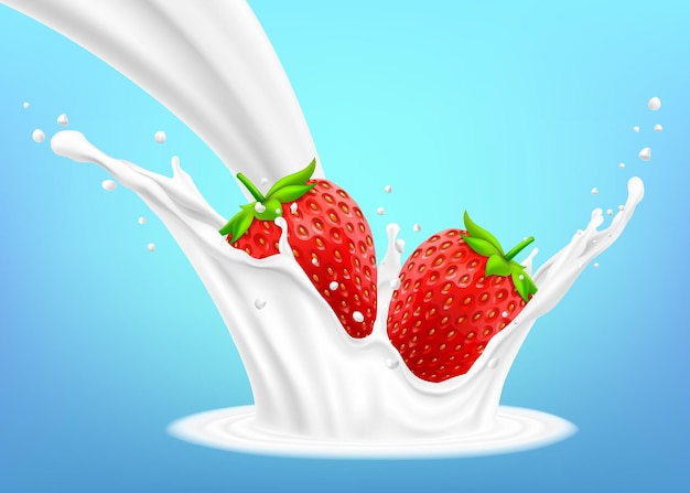 우유 스플래시와 딸기 3d 벡터 개체입니다. 천연 낙농 제품 밝아진 우유에 떨어지는 녹색 잎을 가진 식욕을 돋 우는 딸기. 파란색 배경에 현실적인 그림