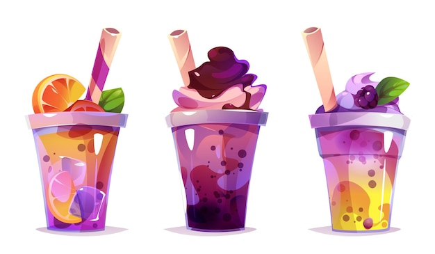 Vettore gratuito tè al latte bolla bevanda vettore succo tazza fumetto illustrazione ghiaccio boba zucchero frappè dessert clipart per menu asiatico taiwanese delizioso tè dolce frutta con cannuccia tapioca crema in set di plastica