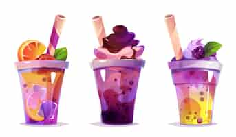 Vettore gratuito tè al latte bolla bevanda vettore succo tazza fumetto illustrazione ghiaccio boba zucchero frappè dessert clipart per menu asiatico taiwanese delizioso tè dolce frutta con cannuccia tapioca crema in set di plastica