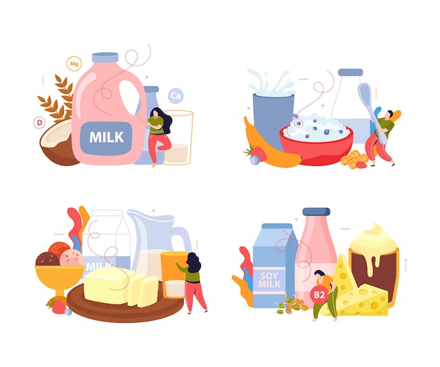 Vettore gratuito utilizzo del latte 2x2 concept design set di prodotti lattiero-caseari freschi insieme a soia e illustrazione di latte di cocco