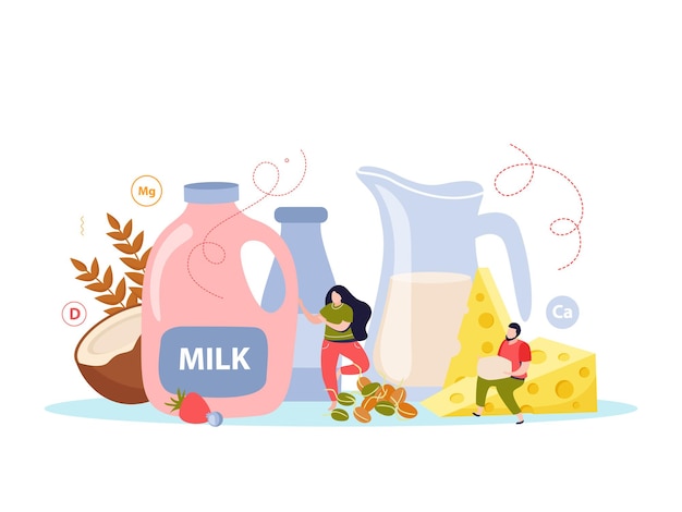 Composizione colorata piatta per l'uso del latte con bevanda fresca organica naturale versata nella brocca e nell'illustrazione delle bottiglie