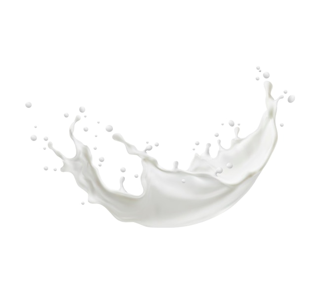 Milk wave swirl splash and splatters. cream or yogurt wave, milk cocktail or foam splash with drops, 3d realistic vector white dairy product swirl with falling droplets and bumbles