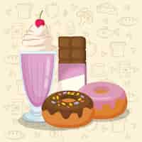 Free vector milkshake and donuts with chocolate bar