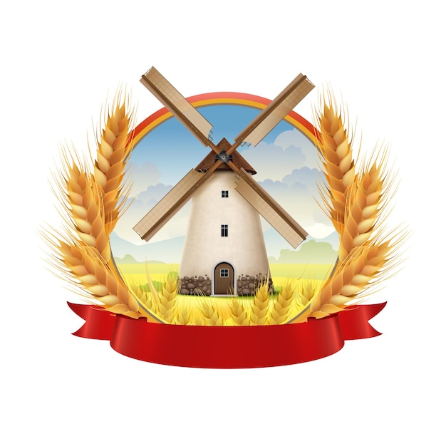 Free vector mill emblem decorated with grain spikes and red ribbon realistic composition isolated vector illustration