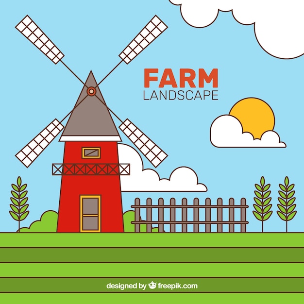 Free vector mill in a farm landscape with outline