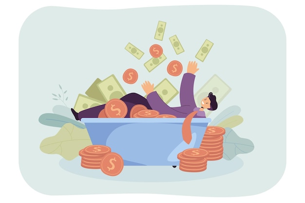 Free vector millionaire cartoon character lying in bath with money. dollars raining on rich adult man flat vector illustration. success, dream, wealth concept for banner, website design or landing web page