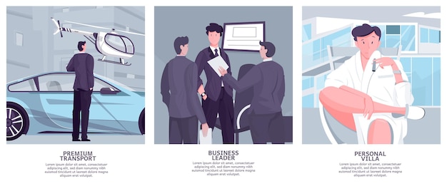 Millionaire rich people set of flat illustrations with human characters of business leaders