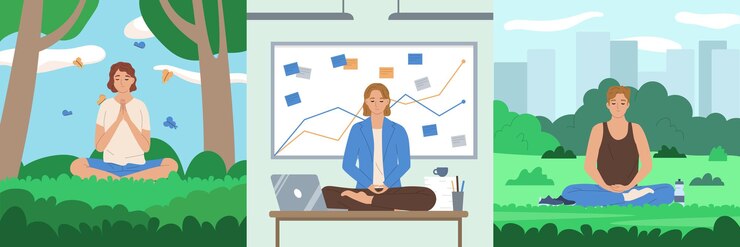 Free Vector mindfulness and meditation flat composition set with people practicing outdoors and on working place isolated vector illustration