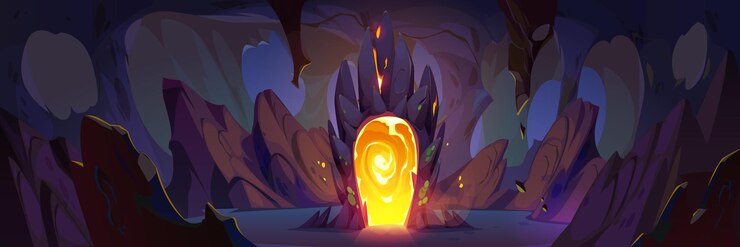 Free Vector mine cave inside fantasy game cartoon background dark underground rock cavern with gold magic portal epic mysterious glow door in mountain with stalactite wizard indoor teleport to alien world