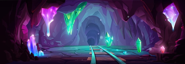Free vector mine cave with crystal cartoon game background