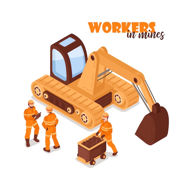 Free vector mine isometric background with image of yellow excavator and miner characters in uniform on blank background  illustration