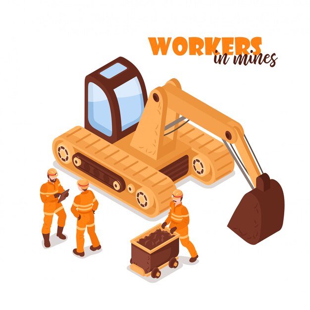 Mine isometric background with image of yellow excavator and miner characters in uniform on blank background  illustration