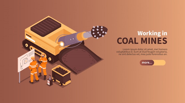 Mine isometric banner composition with slider more button editable text and human characters of coal miners  illustration