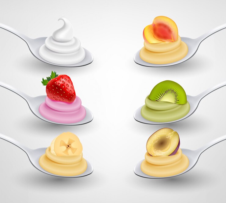 Free Vector mini desserts served on spoon appetizing realistic set with strawberry banana kiwi apricot flavored cream illustration