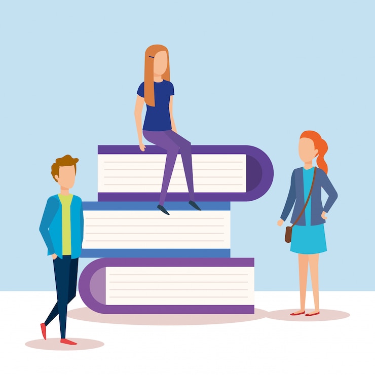 Free Vector mini people with pile text books
