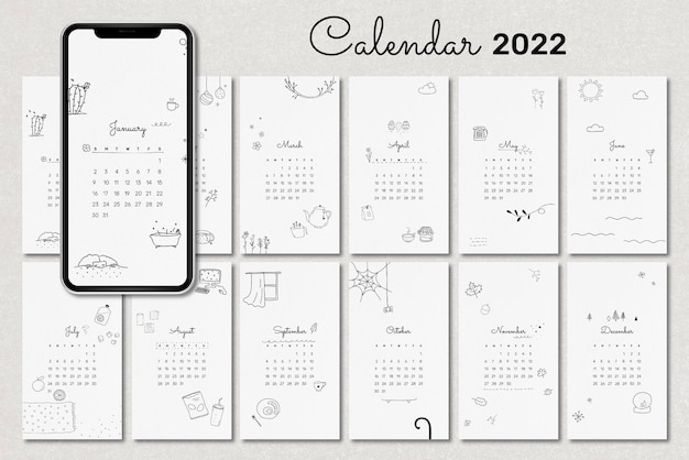 最小限の2022年月間カレンダーテンプレート、落書きイラストiPhone壁紙ベクトルセット