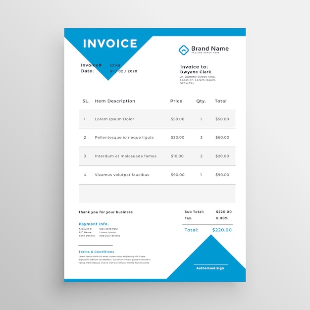 Minimal blue invoice template design