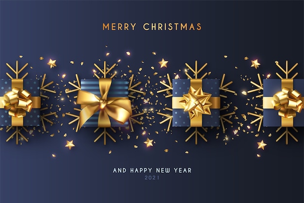 無料ベクター 現実的な青いプレゼントと最小限のクリスマスの背景