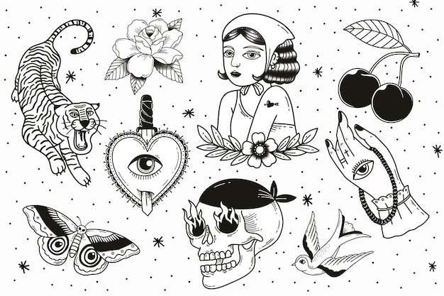 Бесплатное векторное изображение Набор минимальных креативных татуировок