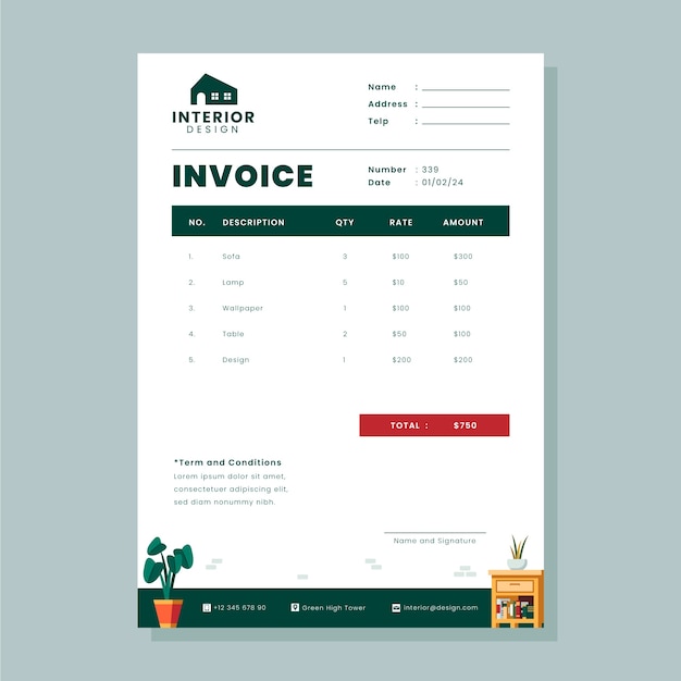 最小限のインテリア デザインの請求書テンプレート