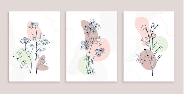 Free vector minimal line art flower and leaves poster design set