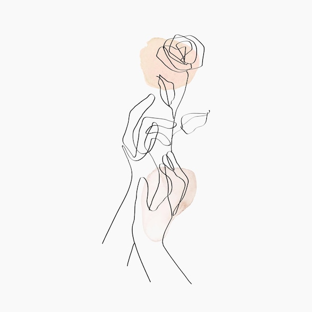 Minimal line art hands vector floral beige pastel aesthetic illustration