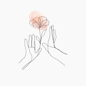 Minimal line art hands vector floral orange pastel aesthetic illustration