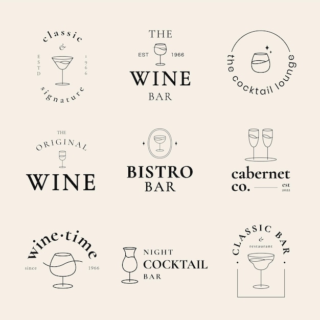 Assortment of bar and wine-themed logos.