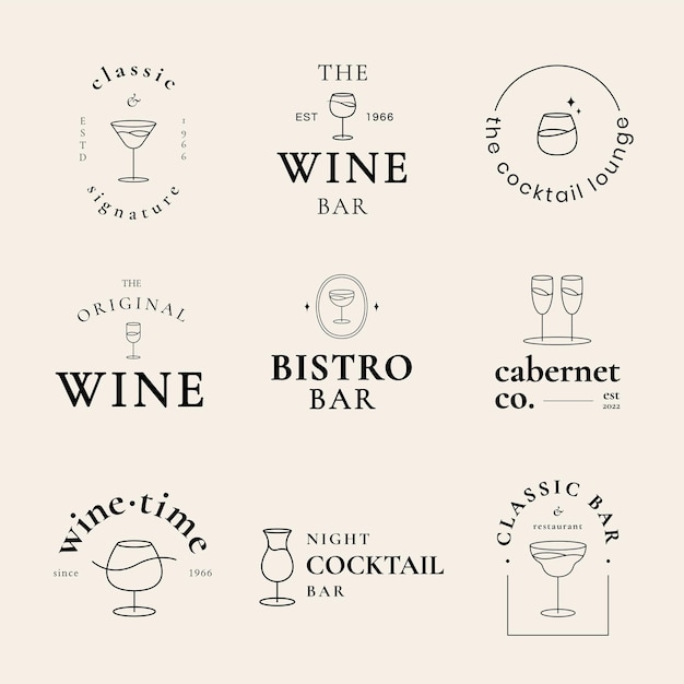 Assortment of bar and wine-themed logos.