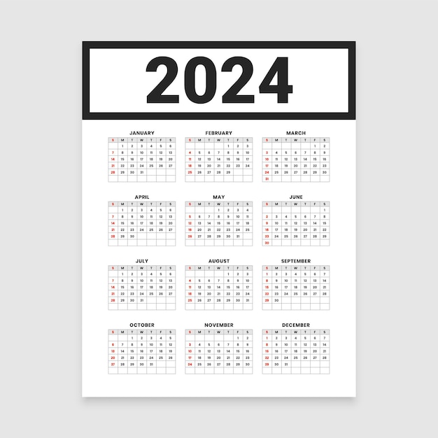 Vettore gratuito il layout del calendario di capodanno 2024 in stile minimal organizza date ed eventi vettoriali