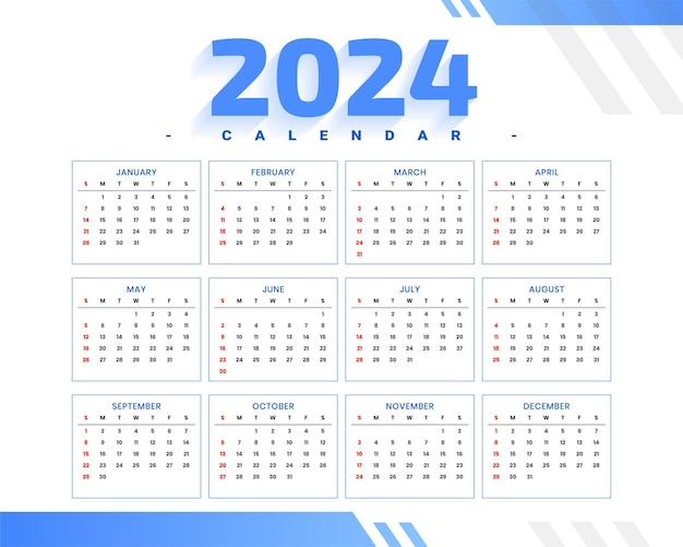 Бесплатное векторное изображение Минималистичный стиль шаблон новогоднего календаря на 2024 год организовать вектор событий