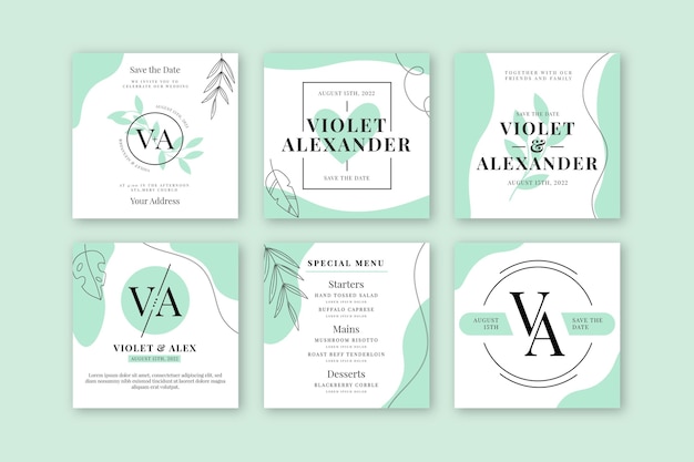 Free vector minimal wedding instagram posts collection